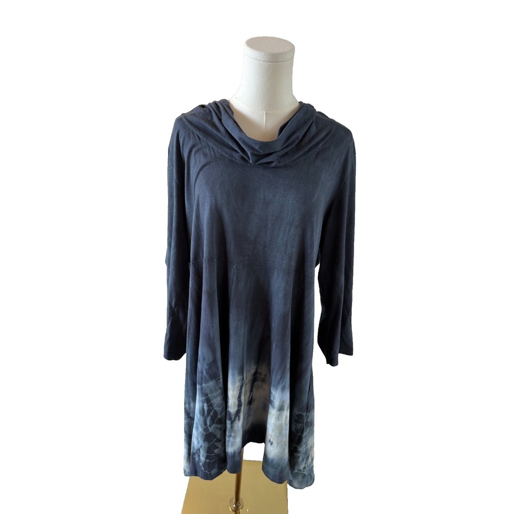Soft Surroundings XL Hooded Cowl Neck Dress Blue Tie Dye Hem Boho Lounge USA - Picture 2 of 9